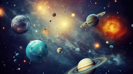 Wall Mural - a cosmic video concept featuring a wide-angle view of colorful planets and swirling galaxies, creati