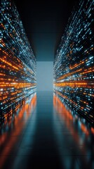 Wall Mural - an abstract portrayal of a hightech passageway illuminated by glowing data streams reflecting the ra