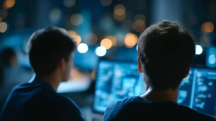 Wall Mural - ai developers collaborating on new projects in a bustling office after hours.