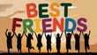 © Trendy Three - Silhouetted Children Holding Colorful Best Friends Letters Against a Sunset Sky Background