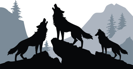Naklejka na meble Three wolves howl at the moon amidst a tranquil mountain backdrop, evoking wildlife and wilderness vibes, silhouette