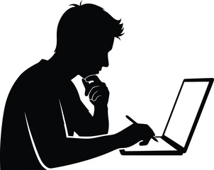 A man is working on his laptop, isolated on white background
