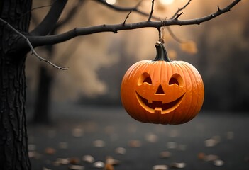 Wall Mural - A carved pumpkin with a joyful face hangs from a tree branch, bathed in soft, natural light, carved pumpkin hanging from a tree branch,the blurred background of trees and foliage. 