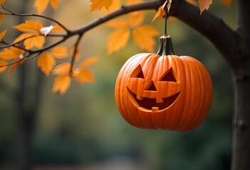Wall Mural - A carved pumpkin with a joyful face hangs from a tree branch, bathed in soft, natural light, carved pumpkin hanging from a tree branch,the blurred background of trees and foliage. 