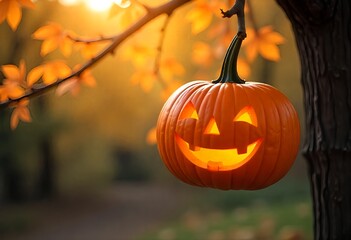 Wall Mural - A carved pumpkin with a joyful face hangs from a tree branch, bathed in soft, natural light, carved pumpkin hanging from a tree branch,the blurred background of trees and foliage. 