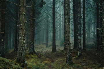 Wall Mural - Mysterious fog is rising in a dark and spooky forest with tall pine trees and moss covered ground