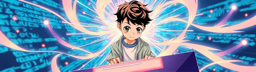 Anime image of a man with a laptop in front of a computer screen