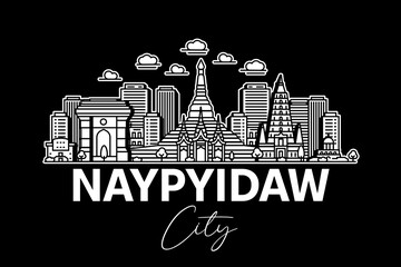Wall Mural - Naypyidaw, Myanmar architecture line skyline illustration with shadows. Linear vector cityscape with famous landmarks, city sights, design icons.