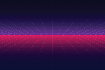 Wall Mural - Retro cyberpunk style 80s game scene pixel art 8-bit sci-fi background. glowing neon grid and stars from vintage arcade computer games.