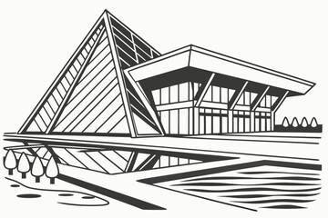 Illustration of a modern building with a pyramid structure and water feature in black and white style