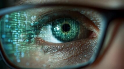Close up of a programmer's eye wearing glasses, reflecting lines of code, showcasing the concept of software development and technology integration in modern professions