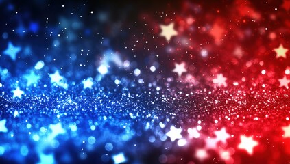 A vibrant abstract background featuring blue and red sparkling bokeh with glowing star shapes scattered throughout.