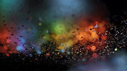 Wall Mural - Colorful bokeh lights creating a vibrant and abstract backdrop seen through a rain covered glass surface, adding a touch of dreamlike magic to the scene