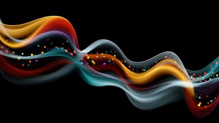 Wall Mural - abstract wave composition with multicolored streams and glowing dots on a black background