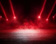 © Cleveland - the dark stage shows red background an empty dark scene neon light spotlights the asphalt floor and studio room with smoke float up the interior texture for display products
