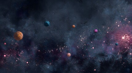 Wall Mural - Cosmic nebula showcases vibrant planets and twinkling stars in a celestial, atmospheric space scene.