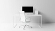 © Zeva - Minimalist white office desk, chair, computer; workspace background