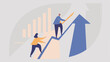 © Momina - People climbing up an arrow with graph bars in the background representing business growth and success