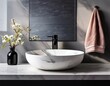 © Donald - minimalistic bathroom featuring a marble basin with black faucet and mirror flower this mockup ready countertop can serve as a display stand for bathroom products