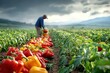 © kalyani - A small farmer harvesting enormous bell peppers in a vast field