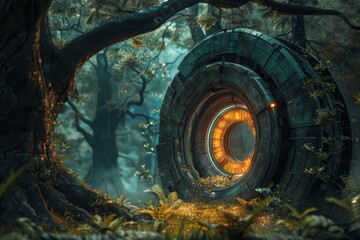 Wall Mural - glowing portal emitting orange light, surrounded by lush vegetation in a mystical forest, creating a
