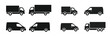 © icon_art - Various silhouettes of delivery trucks and vans arranged in a grid pattern for transportation design
