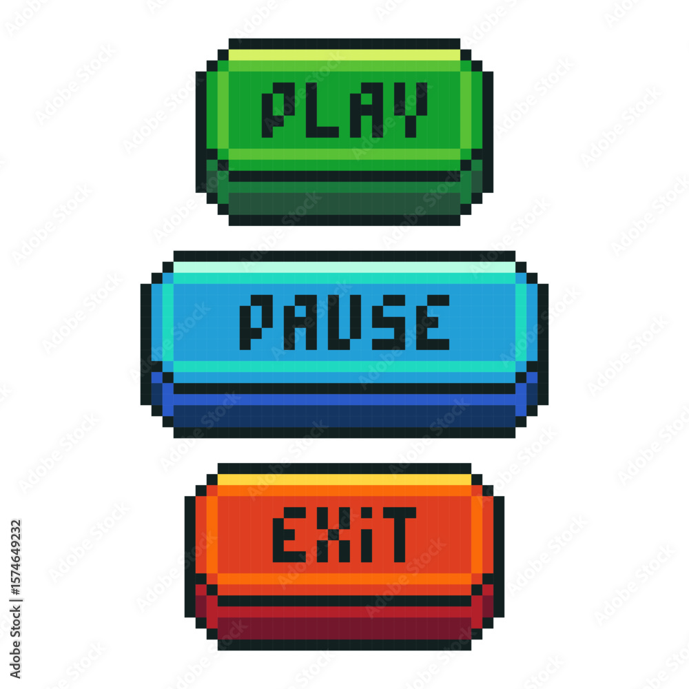 Video game pixel buttons. 2D retro 8 bit game interface elements, play ...