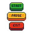 © Studio Cantath - Video game pixel buttons. 2D retro 8 bit game interface elements, start, pause and exit navigation buttons, inventory menu old school game symbols. Vector set