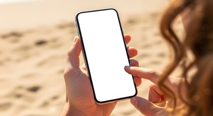 Mockup showcasing someone using a smartphone with a blank white screen outdoors.