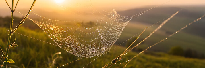 Golden Dew Spiderweb Macro at Sunrise – Sparkling Drops, Mountain Silhouette, Cinematic Light