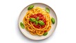 © amanullahkhan - Spaghetti pasta with tomato sauce and fresh basil served on white plate