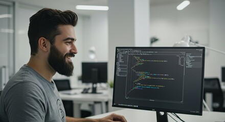 Man with beard smiling while looking at code on computer screen in a modern office setting indoors