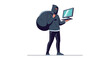 © James - Cybercriminal wearing a hoodie and mask stealing a computer monitor and carrying a sack of loot representing digital theft and data breach