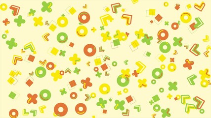 Wall Mural - Pastel yellow background with colorful geometric shapes. Abstract seamless memphis loop video background.