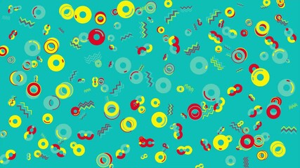 Wall Mural - Teal background with colorful overlapping circles and zigzags. Abstract seamless memphis loop video background.