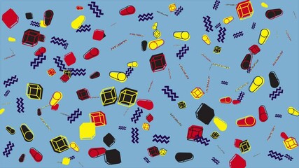 Wall Mural - 1980s style abstract pattern of cubes and cylinders. Abstract seamless memphis loop video background.
