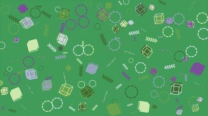 Wall Mural - Abstract green cubes circles and arrows. Abstract seamless memphis loop video background.