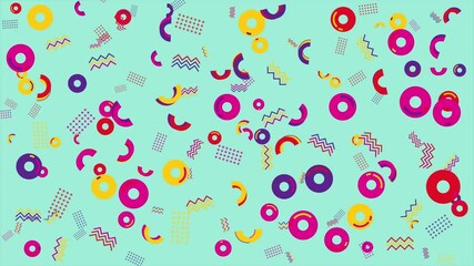 Wall Mural - Vibrant 80s style geometric pattern of circles and zigzags. Abstract seamless memphis loop video background.