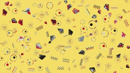 Wall Mural - Yellow background with geometric shapes. Abstract seamless memphis loop video background.
