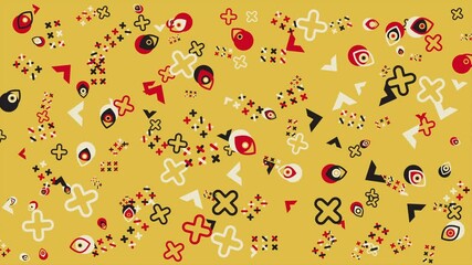 Wall Mural - Mustard yellow abstract pattern with eyes and crosses. Abstract seamless memphis loop video background.