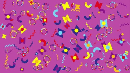Wall Mural - Purple background with colorful geometric shapes. Abstract seamless memphis loop video background.