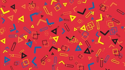 Wall Mural - Vibrant red background with colorful geometric shapes. Abstract seamless memphis loop video background.