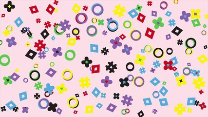Wall Mural - Colorful abstract shapes on a pink background. Abstract seamless memphis loop video background.