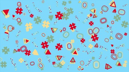 Blue background with colorful abstract shapes. Abstract seamless memphis loop video background.