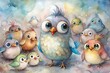 © BONNA AKTHER AME - A group of adorable watercolor birds are gathered together in a colorful and whimsical