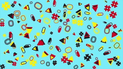 Wall Mural - Vibrant abstract pattern of shapes and symbols. Abstract seamless memphis loop video background.