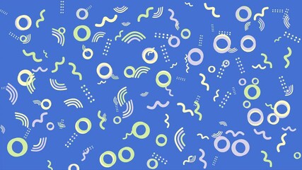 Wall Mural - Blue background with pastel shapes. Abstract seamless memphis loop video background.