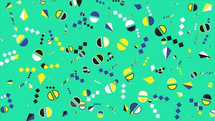 Wall Mural - Teal background with many colorful geometric shapes. Abstract seamless memphis loop video background.