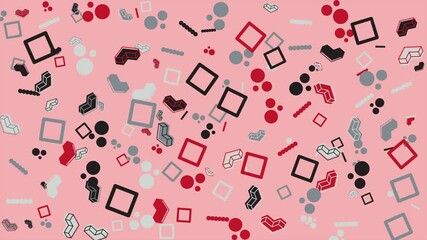 Wall Mural - Pink background with scattered geometric shapes. Abstract seamless memphis loop video background.