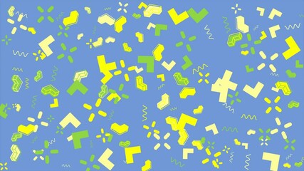 Wall Mural - Blue background with yellow and green geometric shapes. Abstract seamless memphis loop video background.
